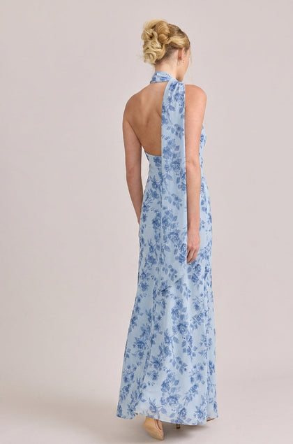Imani Chiffon Floral Print Dress | Made To Order | Sky Blue Garden