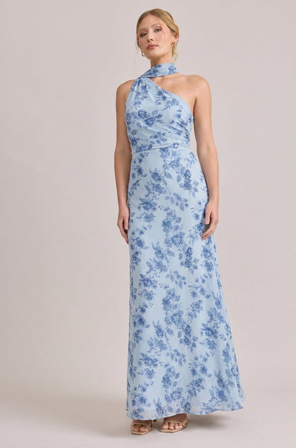 Imani Chiffon Floral Print Dress | Made To Order | Sky Blue Garden