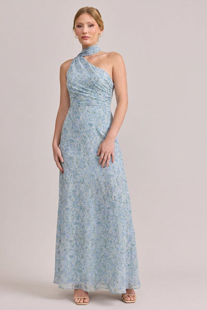 Imani Chiffon Floral Print Dress | Made To Order | Sky Blue Multi Posey