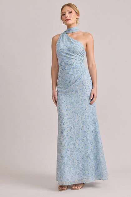 Imani Chiffon Floral Print Dress | Made To Order | Sky Blue Multi Posey