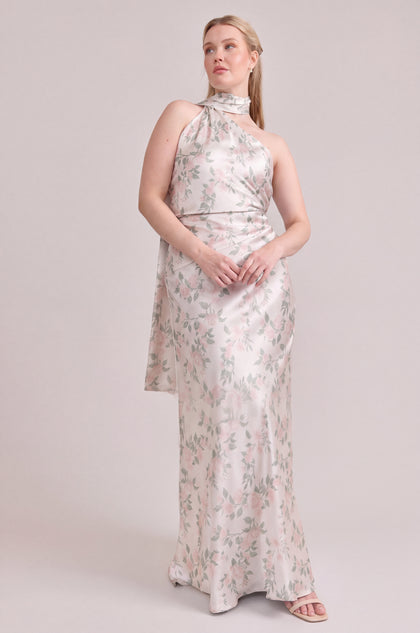 Imani Satin Floral Print Dress | Soft Champagne Bouquet