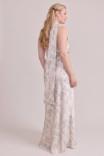 Imani Satin Floral Print Dress | Soft Champagne Bouquet