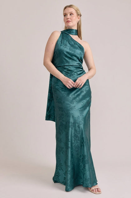 Imani Satin Floral Print Dress | Made To Order | Classic Emerald Bouquet