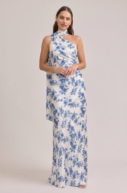 Imani Satin Floral Print Dress | Made To Order | Dusty Blue Bouquet