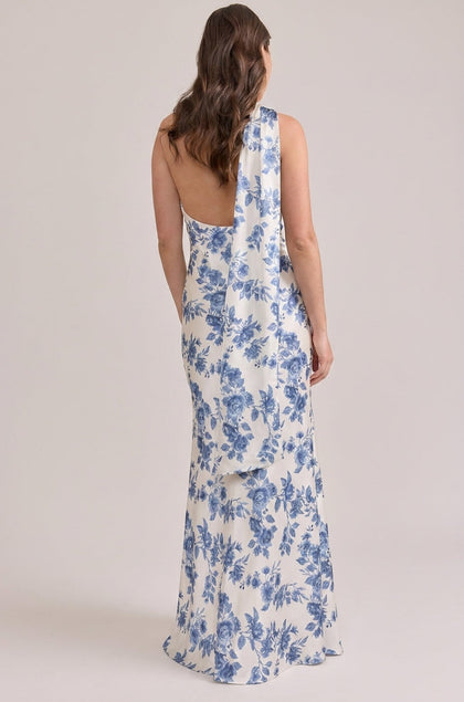 Imani Satin Floral Print Dress | Made To Order | Dusty Blue Bouquet