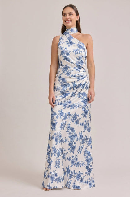 Imani Satin Floral Print Dress | Made To Order | Dusty Blue Bouquet