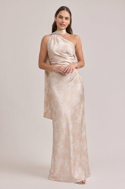 Imani Satin Floral Print Dress | Made To Order | Gold Champagne Bouquet