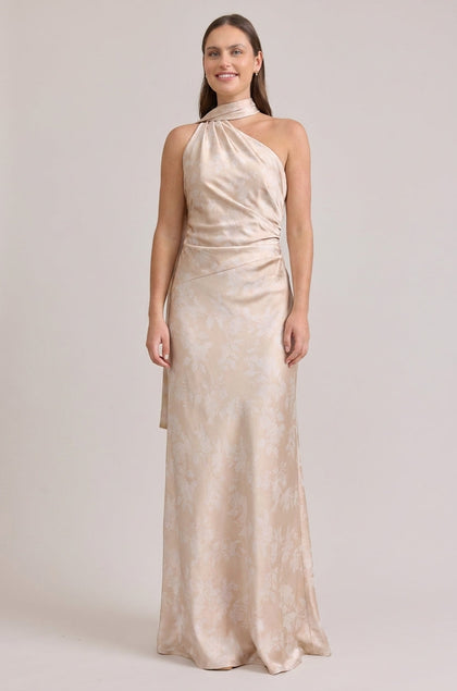 Imani Satin Floral Print Dress | Made To Order | Gold Champagne Bouquet