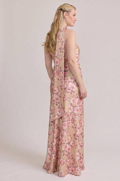 Imani Satin Floral Print Dress | Made To Order | Honey Beige Blossom