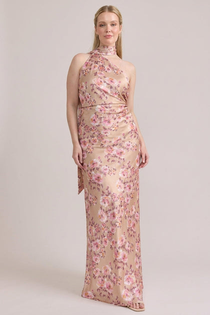 Imani Satin Floral Print Dress | Made To Order | Honey Beige Blossom
