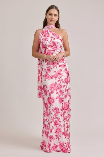 Imani Satin Floral Print Dress | Made To Order | Hot Pink Garden