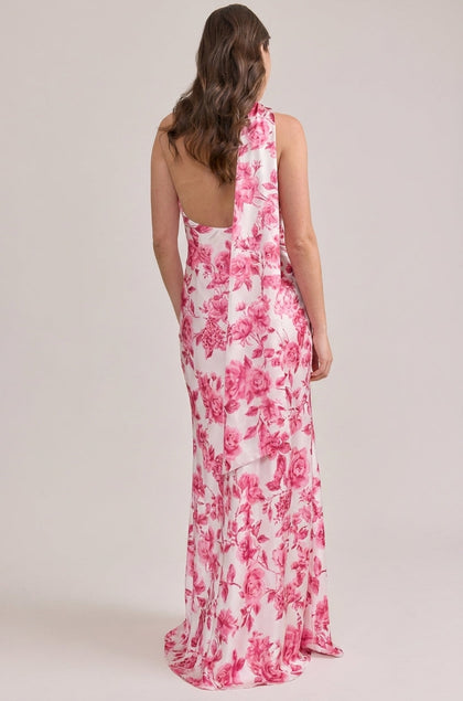Imani Satin Floral Print Dress | Made To Order | Hot Pink Garden
