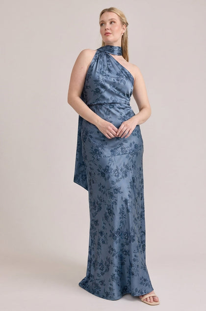Imani Satin Floral Print Dress | Made To Order | Indie Blue Bouquet