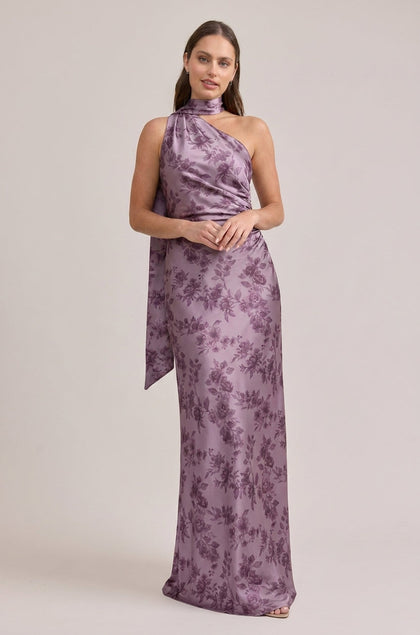 Imani Satin Floral Print Dress | Made To Order | Lilac Bouquet