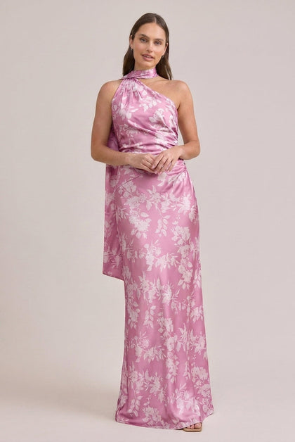 Imani Satin Floral Print Dress | Made To Order | Mauve Pink Bouquet