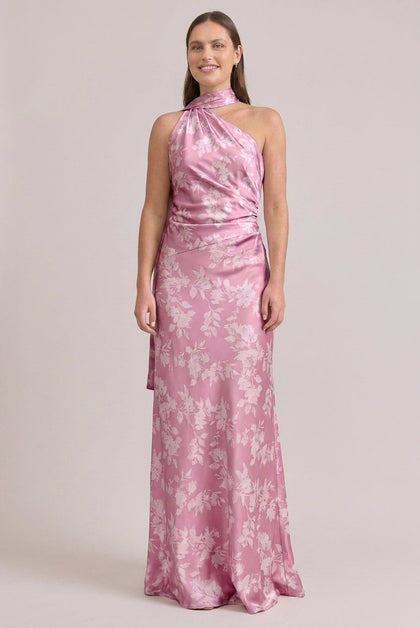 Imani Satin Floral Print Dress | Made To Order | Mauve Pink Bouquet