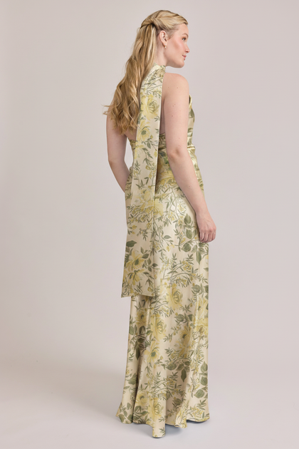 Imani Satin Floral Print Dress | Made To Order | Pale Yellow Meadow Blooms