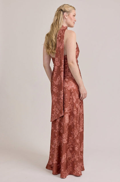 Imani Satin Floral Print Dress | Made To Order | Rust Bouquet