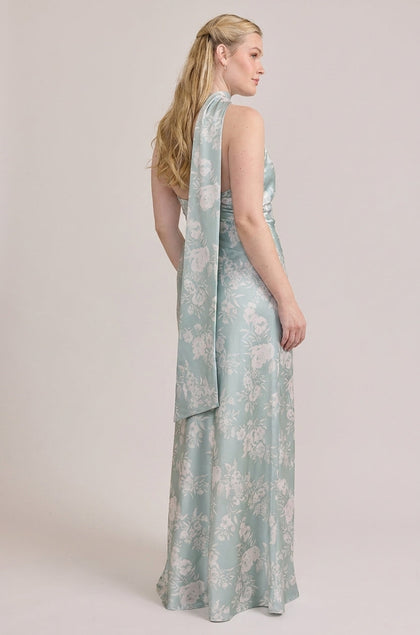Imani Satin Floral Print Dress | Made To Order | Sage and Champagne Bouquet
