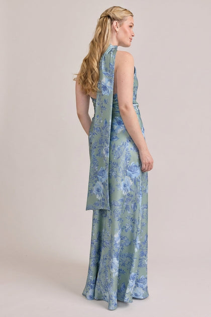Imani Satin Floral Print Dress | Made To Order | Sky Blue Blossom
