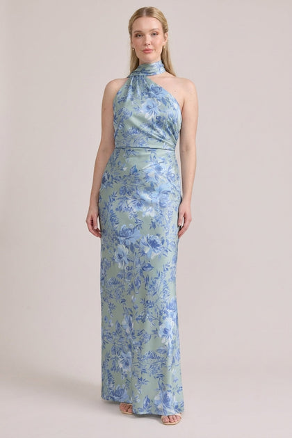 Imani Satin Floral Print Dress | Made To Order | Sky Blue Blossom