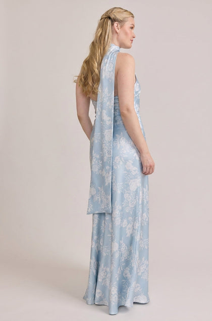 Imani Satin Floral Print Dress | Made To Order | Sky Blue Bouquet