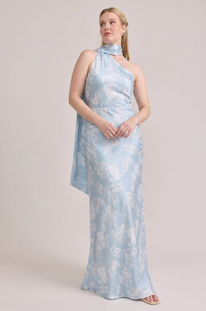 Imani Satin Floral Print Dress | Sky Blue Bouquet