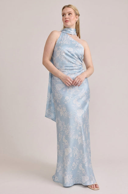 Imani Satin Floral Print Dress | Made To Order | Sky Blue Bouquet