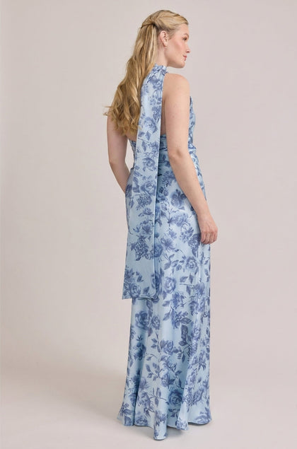 Imani Satin Floral Print Dress | Made To Order | Sky Blue Garden