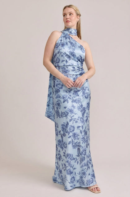 Imani Satin Floral Print Dress | Made To Order | Sky Blue Garden
