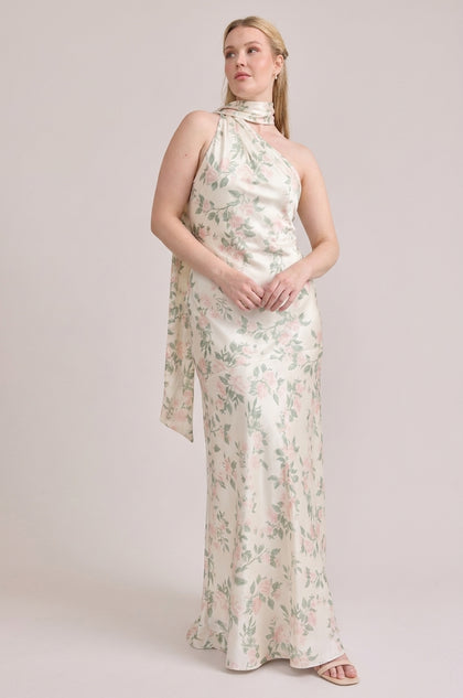 Imani Satin Floral Print Dress | Soft Champagne Bouquet