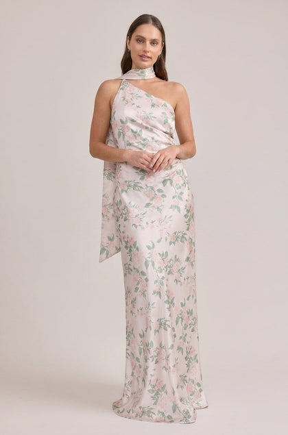 Imani Satin Floral Print Dress | Made To Order | Soft Champagne Bouquet
