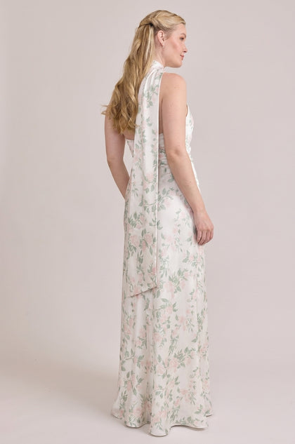 Imani Satin Floral Print Dress | Soft Champagne Bouquet