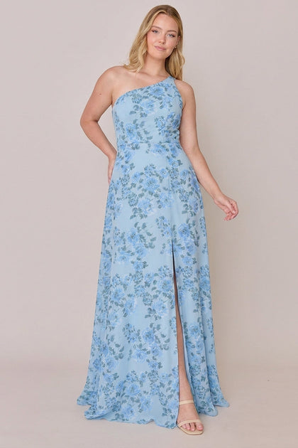 Inez Chiffon Floral Print Dress | Made To Order | Sky Blue Blossom