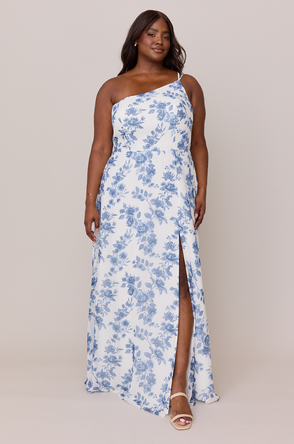 Inez Chiffon Floral Print Dress | Made To Order | Dusty Blue Bouquet