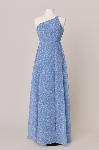 Inez Chiffon Floral Print Dress | Made To Order | Dusty Blue Posey