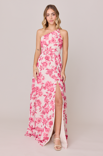 Inez Chiffon Floral Print Dress | Made To Order | Hot Pink Garden