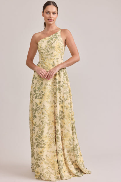 Inez Chiffon Floral Print Dress | Made To Order | Pale Yellow Meadow Blooms