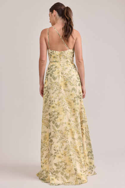 Inez Chiffon Floral Print Dress | Made To Order | Pale Yellow Meadow Blooms