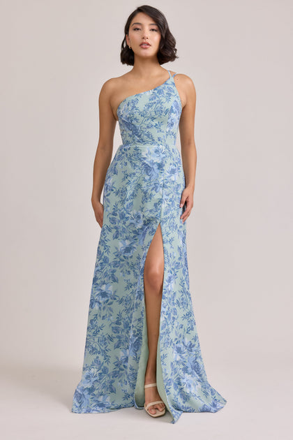 Inez Chiffon Floral Print Dress | Made To Order | Sage and Sky Blue Meadow Blooms