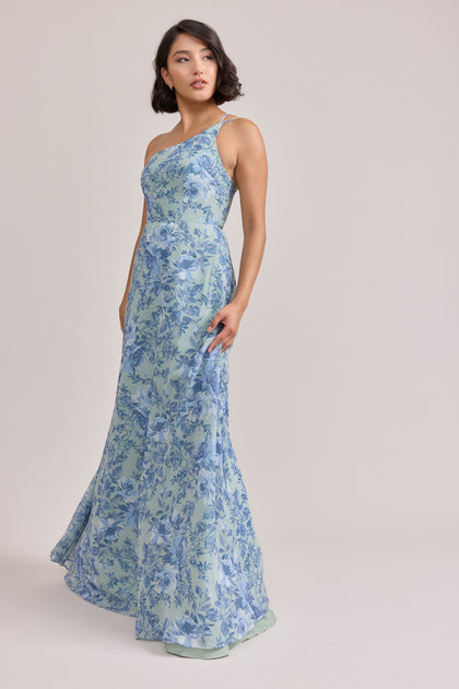 Inez Chiffon Floral Print Dress | Made To Order | Sage and Sky Blue Meadow Blooms