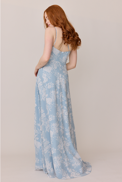 Inez Chiffon Floral Print Dress | Made To Order | Sky Blue Bouquet