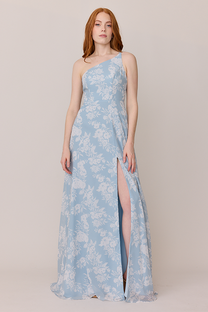 Inez Chiffon Floral Print Dress | Made To Order | Sky Blue Bouquet