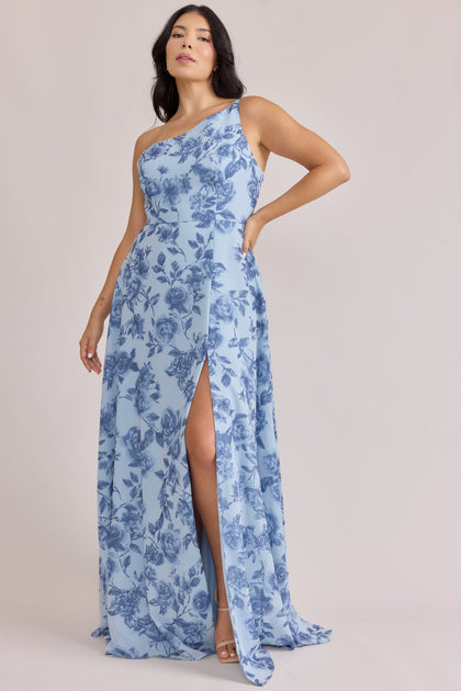 Inez Chiffon Floral Print Dress | Made To Order | Sky Blue Garden