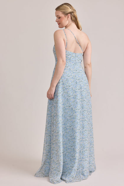 Inez Chiffon Floral Print Dress | Made To Order | Sky Blue Multi Posey
