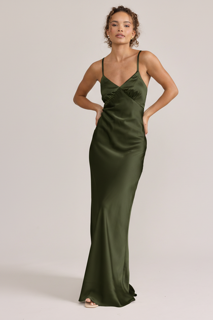 Iris Satin Dress | Deep Olive