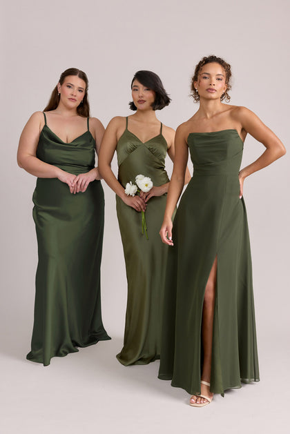 Tess Satin Dress (L), Iris Satin Dress (C), Rumi Chiffon Dress (R)