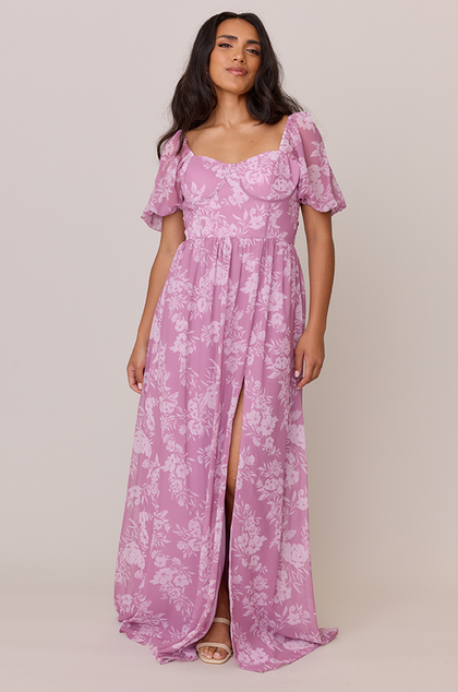 Isabella Chiffon Floral Print Dress | Made To Order | Mauve Pink Bouquet