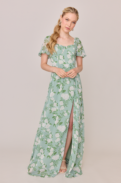 Model: Ali; Size: 4; Color: Sage Multi Bouquet
