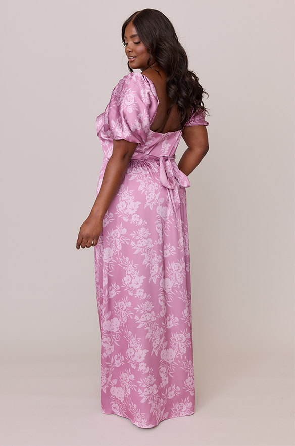 satin pink floral dress Inara Light Pink Floral Print Ruffle Maxi Dress - 18